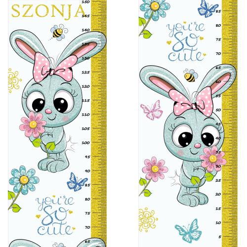 Menta nyuszi virágokkal, arany színű glitteres-csillámos magasságmérős falmatrica, névre szóló | 35 cm x 150 cm