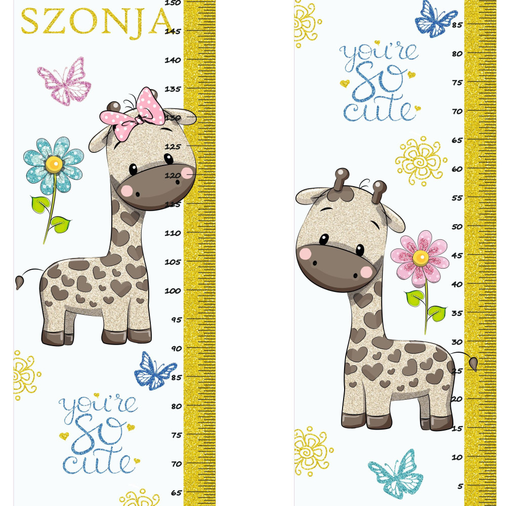 Arany színű zsiráfos csillámos magasságmérős falmatrica, névre szóló | 35 cm x 150 cm