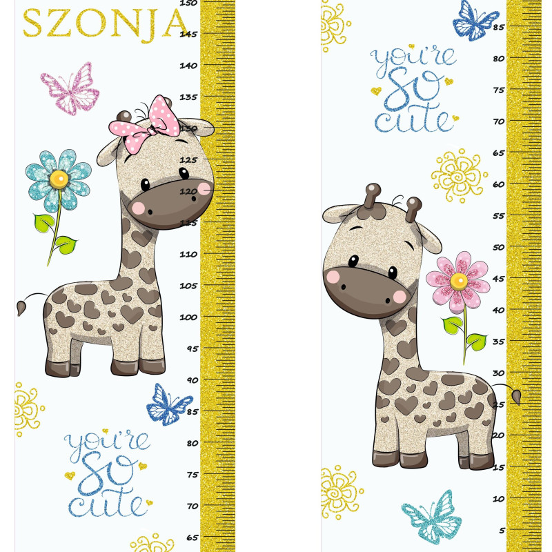 Arany színű zsiráfos csillámos magasságmérős falmatrica, névre szóló | 35 cm x 150 cm
