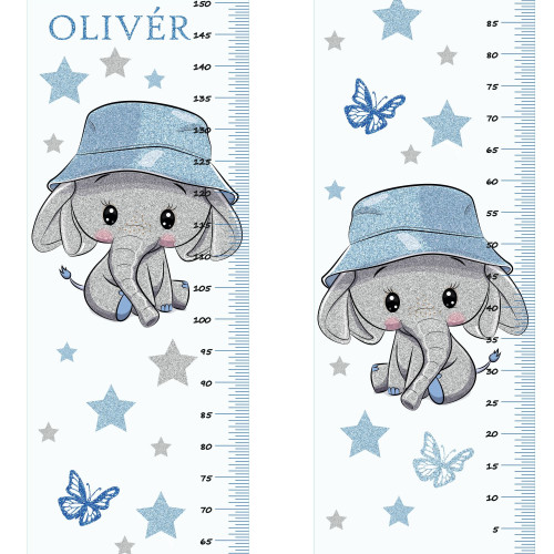Fiú elefántos, csillámos magasságmérős falmatrica, névre szóló | 35 cm x 150 cm