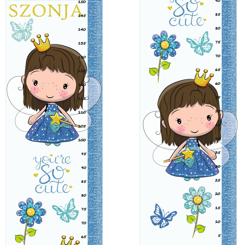 Kék, királylányos csillámos magasságmérős falmatrica, névre szóló | 35 cm x 150 cm