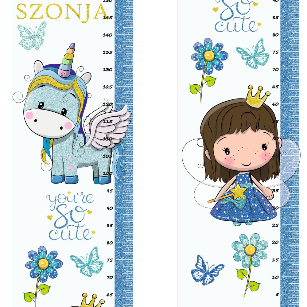 Kék, egyszarvú és királylány csillámos magasságmérős falmatrica, névre szóló | 35 cm x 150 cm