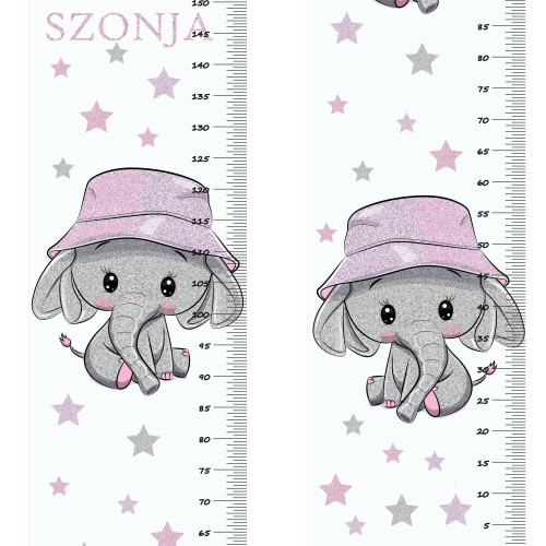 Lány elefántos, csillámos magasságmérős falmatrica, névre szóló | 35 cm x 150 cm