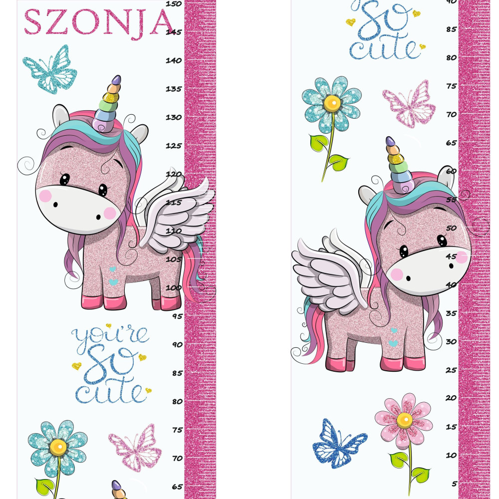 Lila, pink, kék unikornis csillámos magasságmérős falmatrica, névre szóló | 35 cm x 150 cm