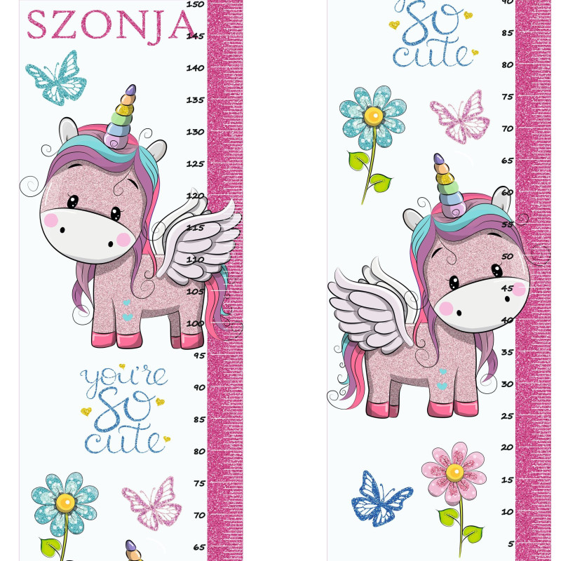 Lila, pink, kék unikornis csillámos magasságmérős falmatrica, névre szóló | 35 cm x 150 cm