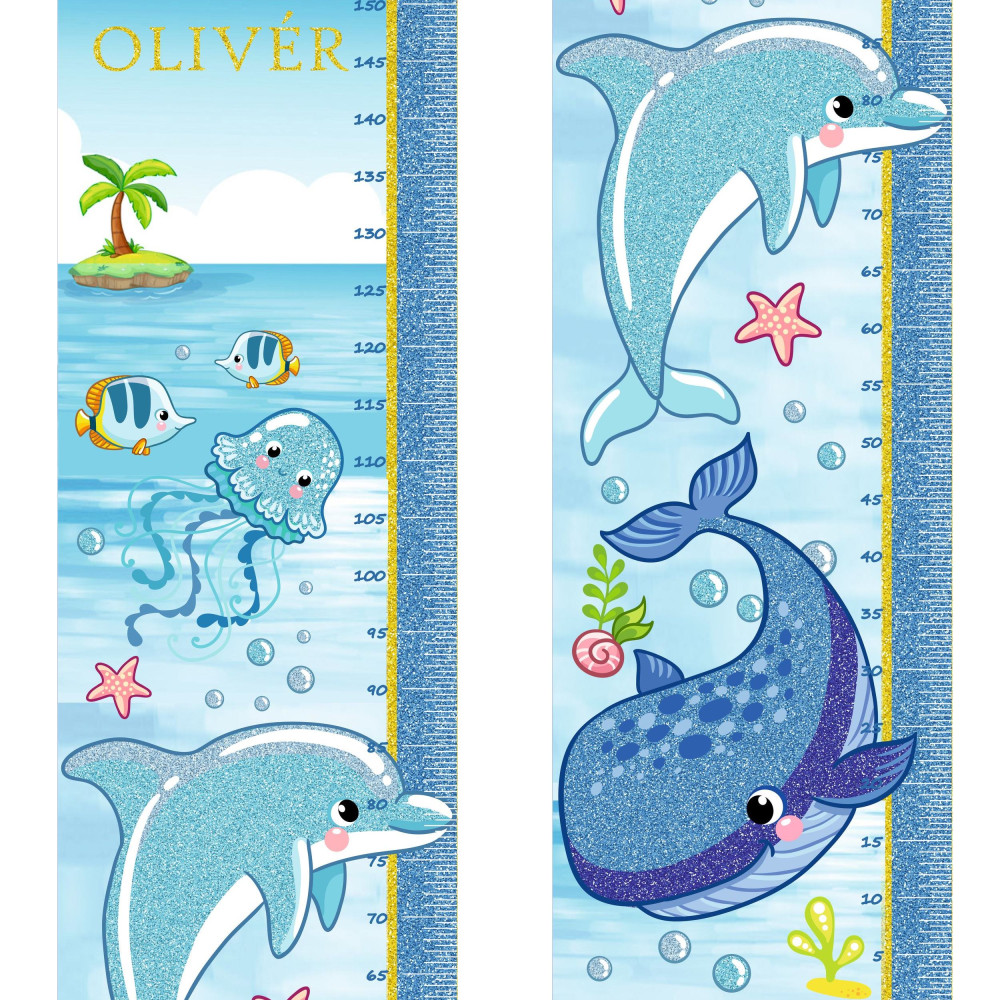 Tenger élővilága, delfin, bálna magasságmérős falmatrica, névre szóló | 35 cm x 150 cm
