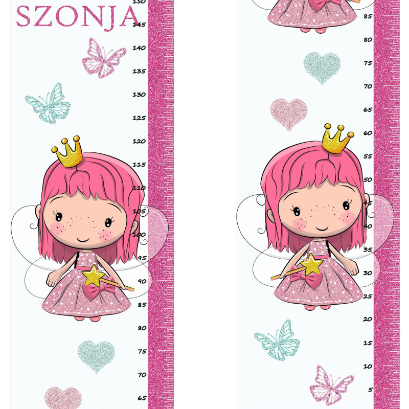 Pink királylányos csillámos magasságmérős falmatrica, névre szóló | 35 cm x 150 cm