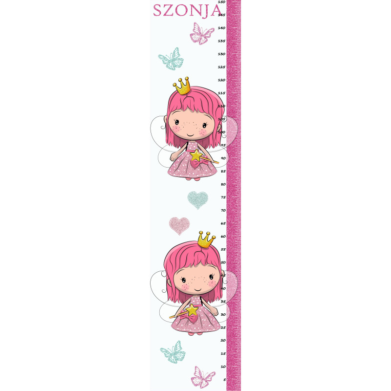 Pink királylányos csillámos magasságmérős falmatrica, névre szóló | 35 cm x 150 cm