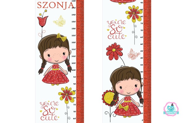 Piros ruhás lány, copfos, csillámos magasságmérős falmatrica, névre szóló  | 35 cm x 150 cm