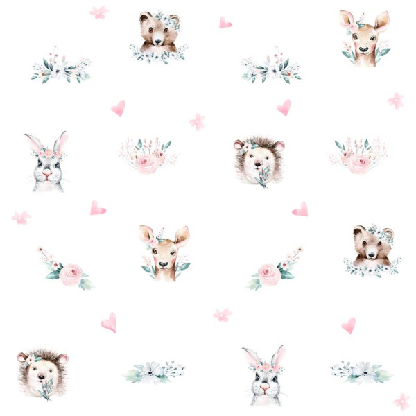 Watercolor forrest animals prémium tapéta, fehér hátteres, kis mintás | 50 cm x 250 cm