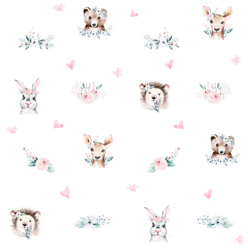 Watercolor forrest animals prémium tapéta, fehér hátteres, kis mintás | 50 cm x 250 cm