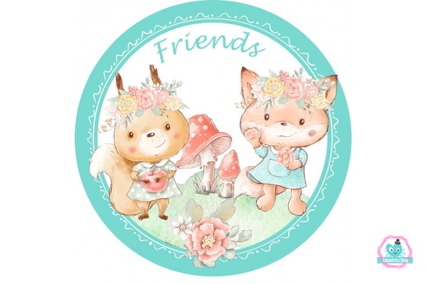 "Friends & Peace" Mókus és Róka kislány falmatrica, kör formájú, menta zöld  | 50 cm x 50 cm-től