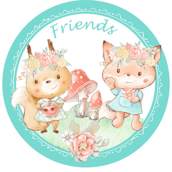 Friends andamp; Peace Mókus és Róka kislány falmatrica, kör formájú, menta zöld | 50 cm x 50 cm-től
