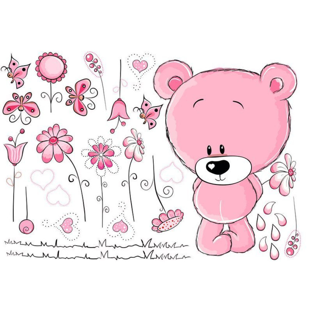 Macis falmatrica virágokkal, pink, PRÉMIUM | 29 db-os szett | 70 cm x 45 cm-től Macis falmatrica virágokkal, pink, PRÉMIUM | 29 db-os szett | 70 cm x 45 cm-től