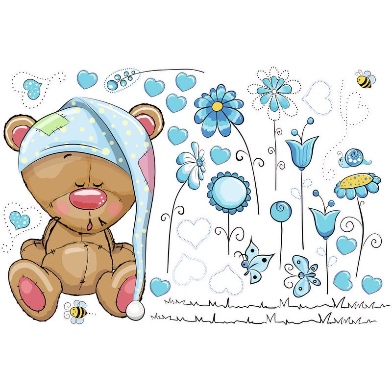 Alvó maci kék virágokkal gyerekszoba falmatrica | 33 db-os szett | 70 cm x 45 cm-től