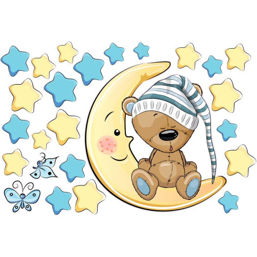 Maci holdon ül és alszik baba matrica, PRÉMIUM | 25 db-os szett | 70 cm x 45 cm-től Maci holdon ül és alszik baba matrica, PRÉMIUM | 25 db-os szett | 70 cm x 45 cm-től