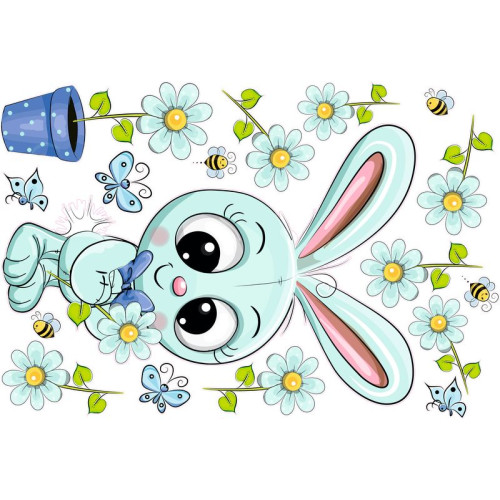 Nyuszis virággal, nyakkendőben falmatrica | 17 db-os szett | 70 cm x 45 cm-től