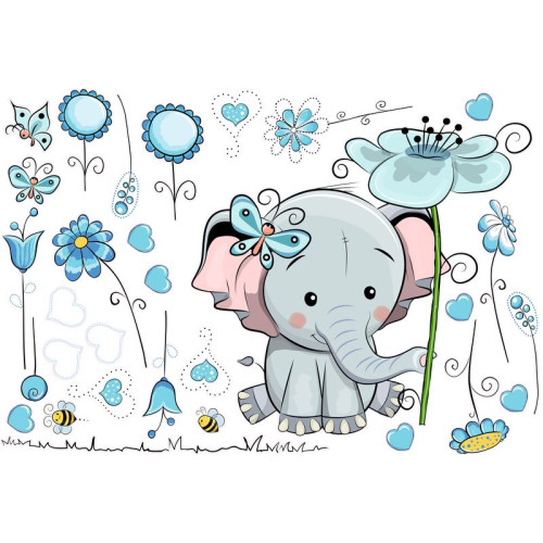 Elefánt kék virágokkal falmatrica | 30 db-os szett | 70 cm x 45 cm-től