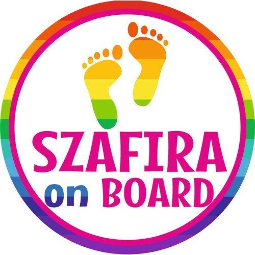 Baba a fedélzeten névre szóló kislány babamatrica, szivárvány