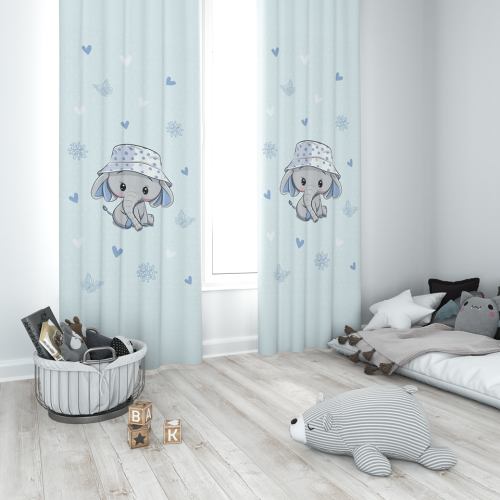 Kék Fány, elefántos muszlin babafüggöny | 140 cm x 130 cm