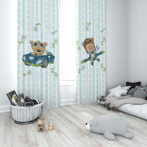 Maci repülőt vezet panama, sötétítő, türkiz baba függöny | 140 cm x 160 cm