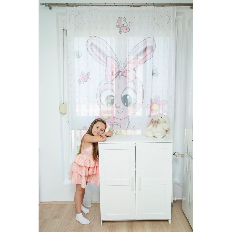 Nyuszis fehér hátterű, pöttyös muszlin baba függöny | 136 cm x 205 cm magas