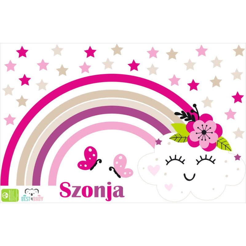Szivárvány és felhő csillagos, saját neves falmatrica, pink, lila, bézs | 30 + 4 db-os szett | 100 cm x 65 cm-től Szivárvány és felhő csillagos, saját neves falmatrica, pink, lila, bézs | 30 + 4 db-os szett | 100 cm x 65 cm-től