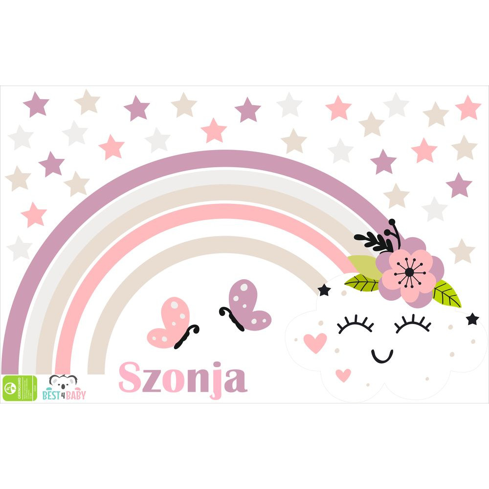 Szivárvány és felhő csillagos, saját neves lány falmatrica, pasztell | 30 + 4 db-os szett | 100 cm x 65 cm-től