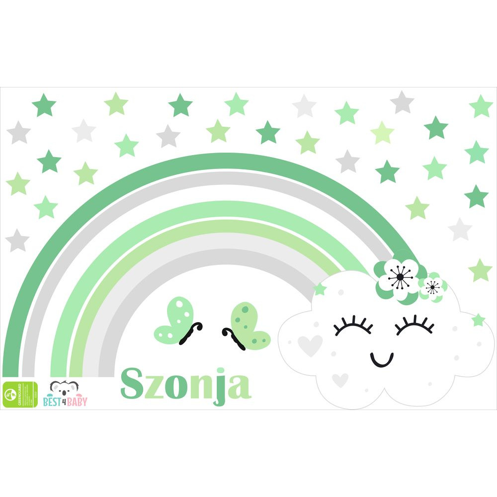 Szivárvány és felhő csillagos, saját neves falmatrica, menta zöld | 30 + 4 db-os szett | 100 cm x 65 cm-től Szivárvány és felhő csillagos, saját neves falmatrica, menta zöld | 30 + 4 db-os szett | 100 cm x 65 cm-től