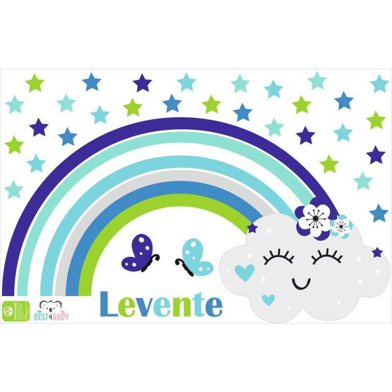 Szivárvány és felhő csillagos, saját neves falmatrica, kék, zöld | 30 + 4 db-os szett | 100 cm x 65 cm-től