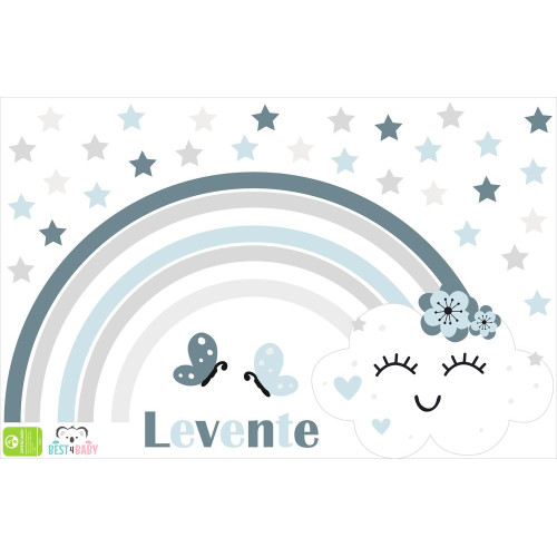 Szivárvány és felhő csillagos, saját neves falmatrica, szürke, kék | 30 + 4 db-os szett | 100 cm x 65 cm-től