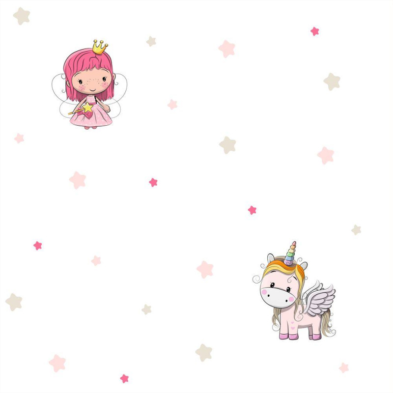 Egyszarvú és királylány bézs és rózsaszín csillagos tapéta | 50 cm x 250 cm