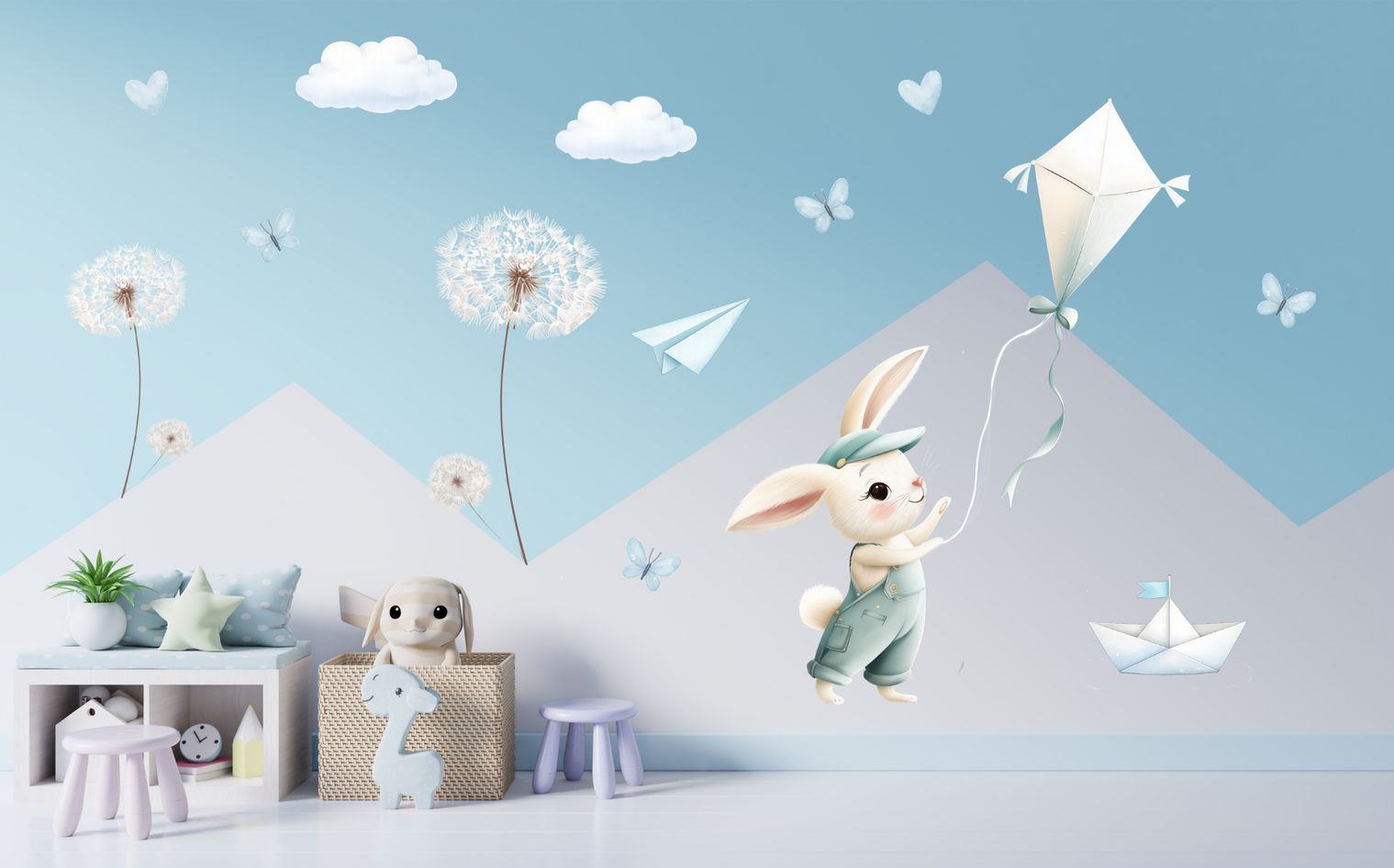 Kisfiú nyuszi papírsárkánnyal faldekoráció szett – falmatrica, bordűr, tapéta és magasságmérős falmatrica