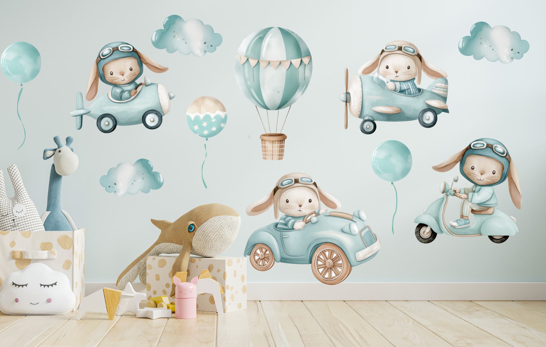 Nyuszis járműves falmatrica kollekció pasztell menta és cappuccino színekben gyerekszobába