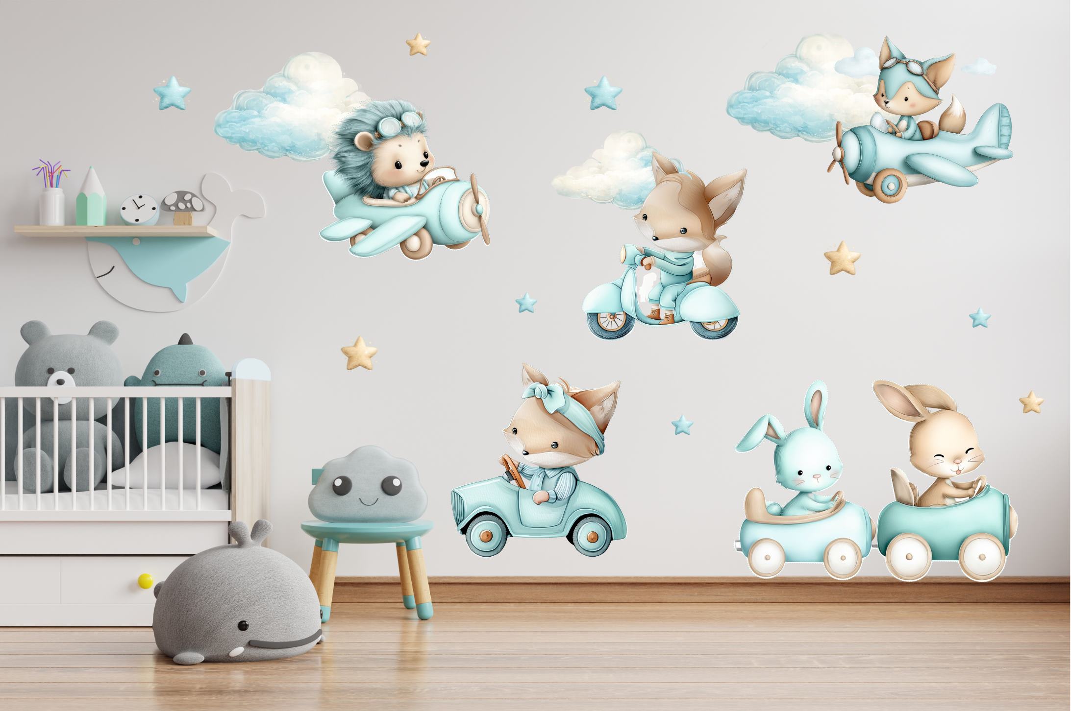 Repülős és járműves erdei állatok falmatrica gyerekszobába pasztell menta és cappuccino színekben